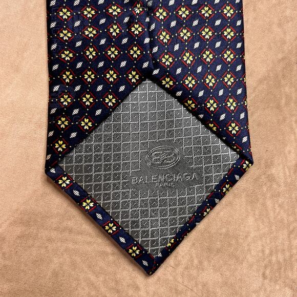 Balenciaga Paris Natural Silk Neck Tie Navy Geometric Vintage Formal Designer - Picture 4 of 8